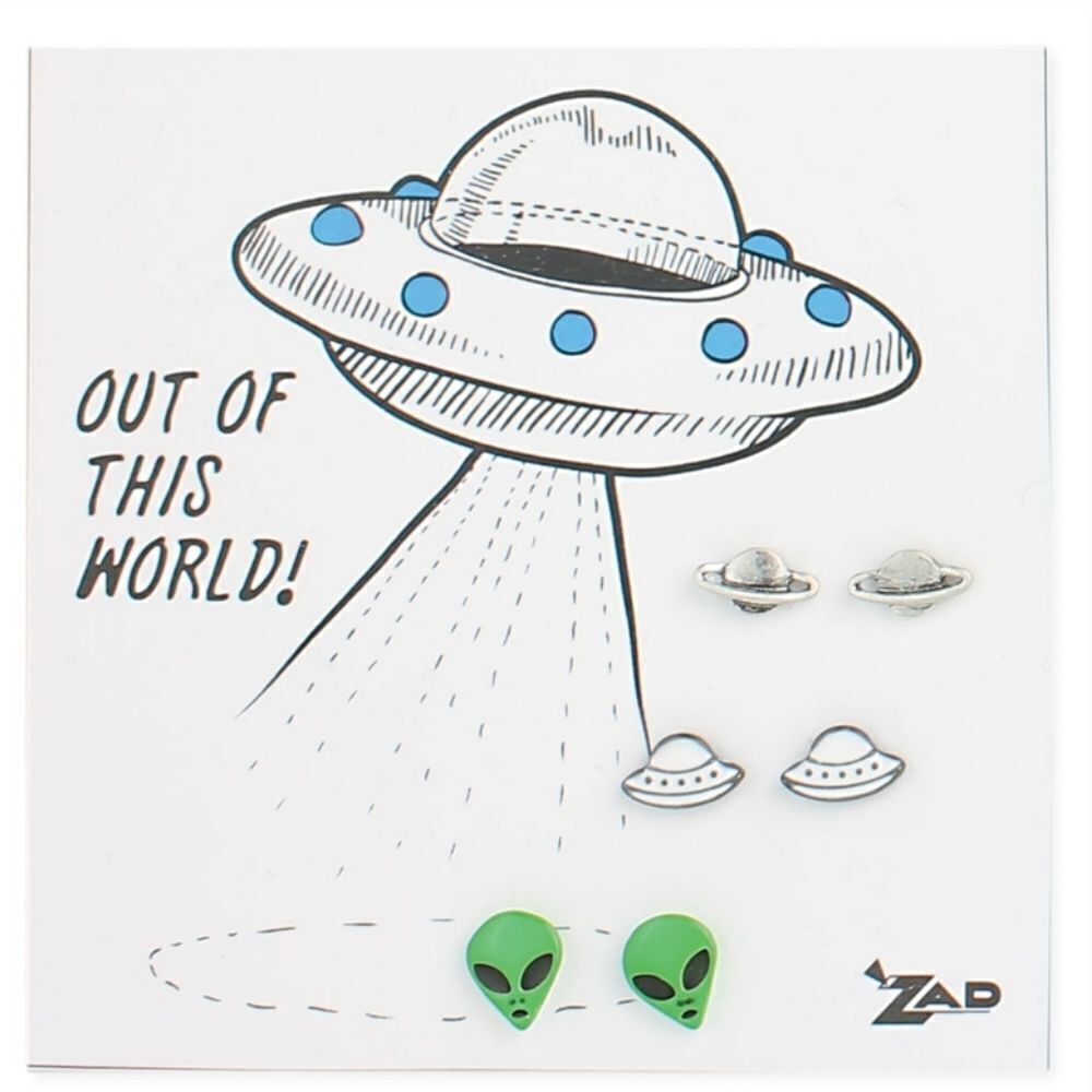 NEW Zad set of three alien UFO space themed‎ silver plate metal post earrings